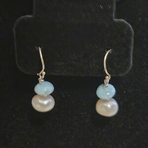 Saltwater pearl and larimar sterling silver earrings